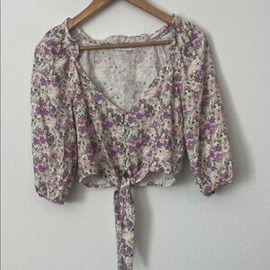 LUSH Purple Floral Tie-Front Crop Top